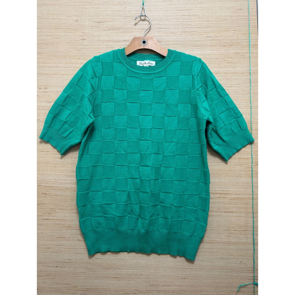 Vine & Love Green Checkerboard Textured Short Sleeve‎ Knit Sweater Top Medium